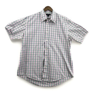 Lands' End Mens 17.5 Plaid Button Down Shirt Short Sleeve Cotton Casual XL